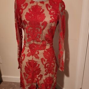 For Love And Lemons Red and Cream Long Sleeve Dress